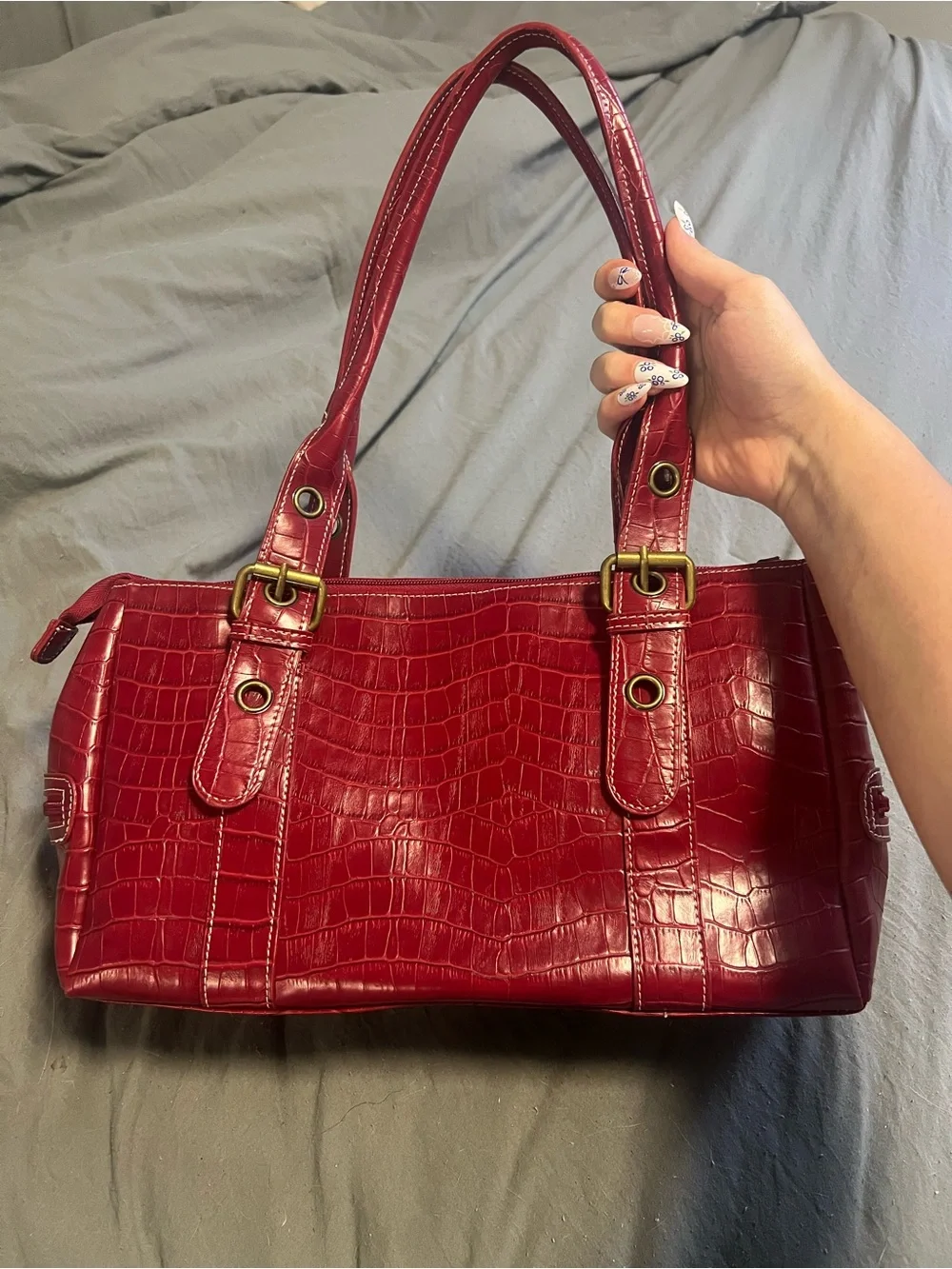 Prada Red Croc-Embossed Leather Satchel